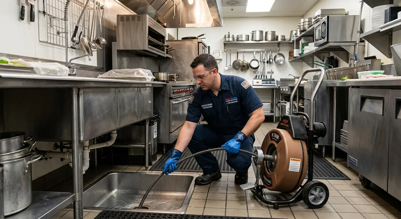 Commercial drain cleaning service in a restaurant kitchen in University of California-Davis