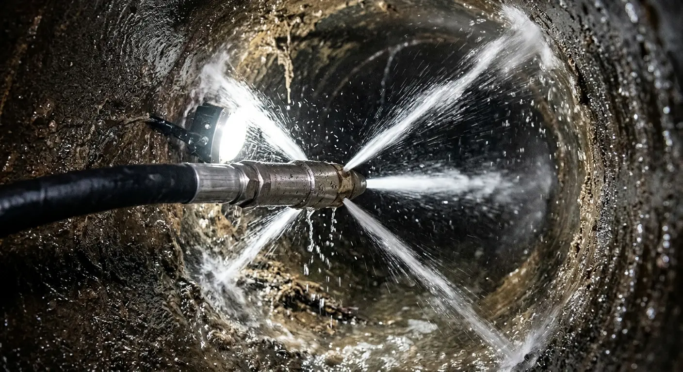 High-pressure hydro jetting nozzle cleaning sewer pipe for Trenchless Sewer Repair in University of California-Davis