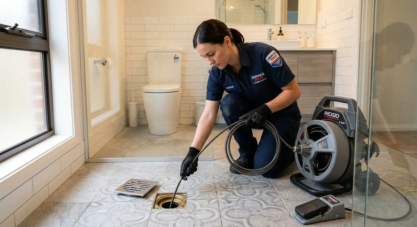 Technician clearing a bathroom floor drain for Clogged Drain Repair in University of California-Davis